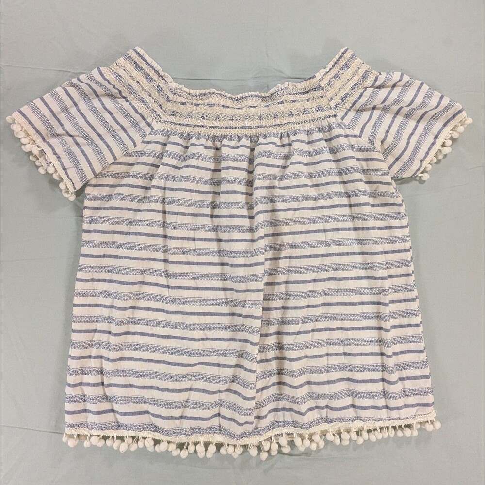 Antibes Blanx Size XL Ruffle Off-The Shoulder Blue Striped Peasant Top